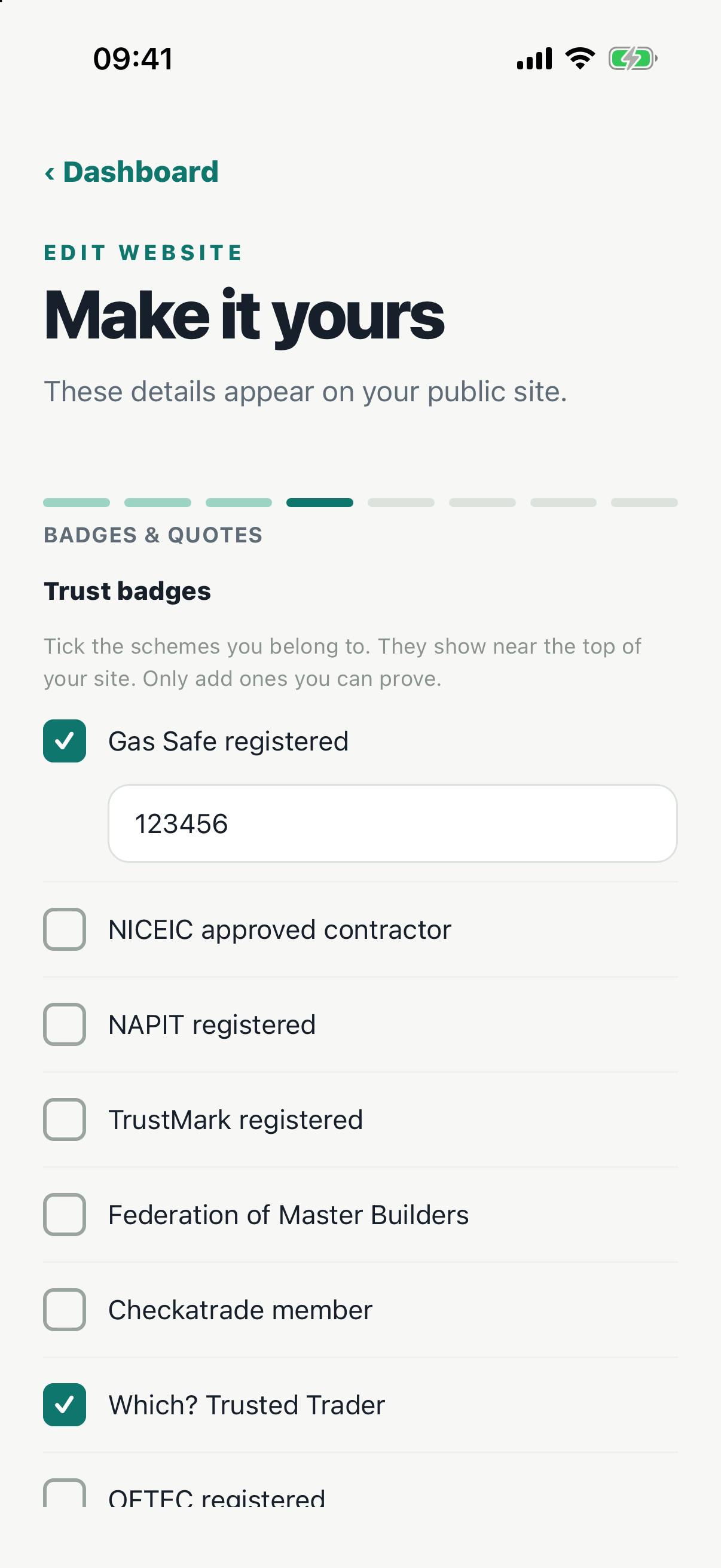 Choosing trust badges and turning on the quote form